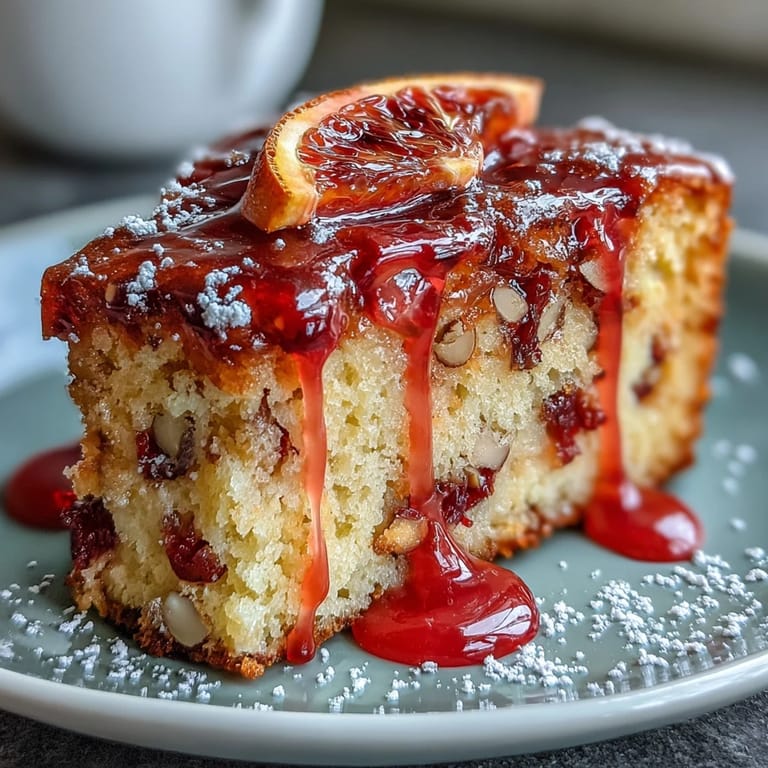 A moist **Blood Orange Polenta Cake**, drizzled with vibrantly pink citrus glaze.