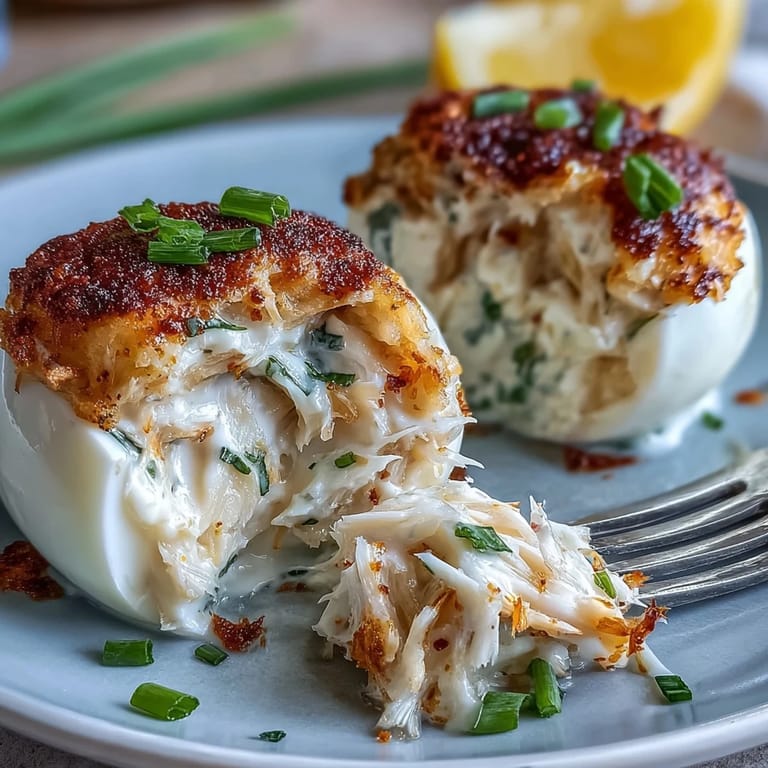 Elegant Crab Cake Deviled Eggs sparkling with Old Bay seasoning.