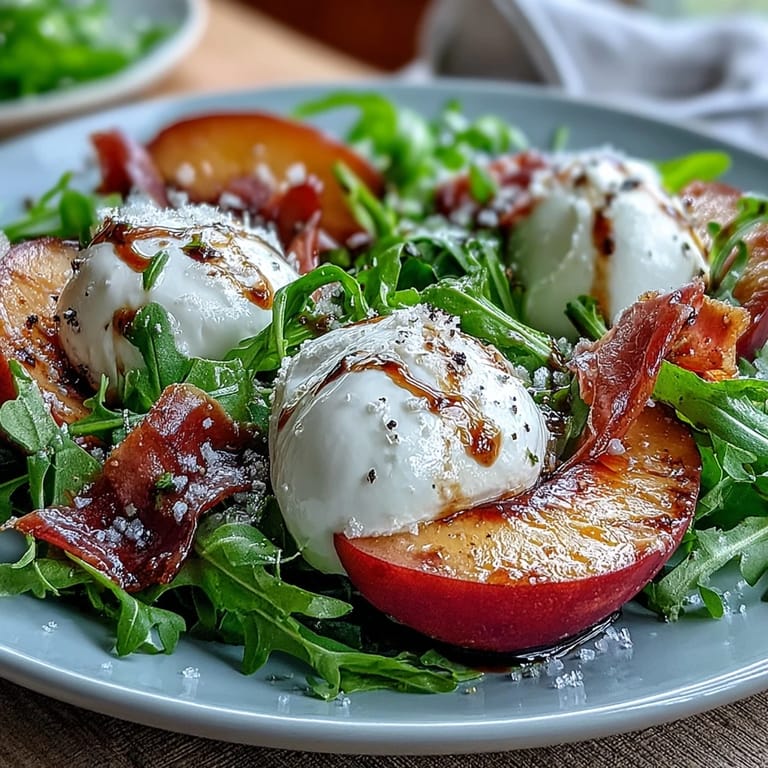 Juicy grilled peaches and creamy burrata create a delightful summer salad.