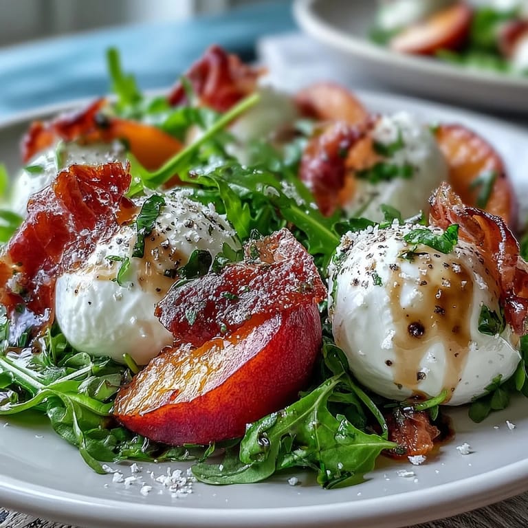 Vibrant Burrata Peach Summer Salad topped with prosciutto and fresh basil.