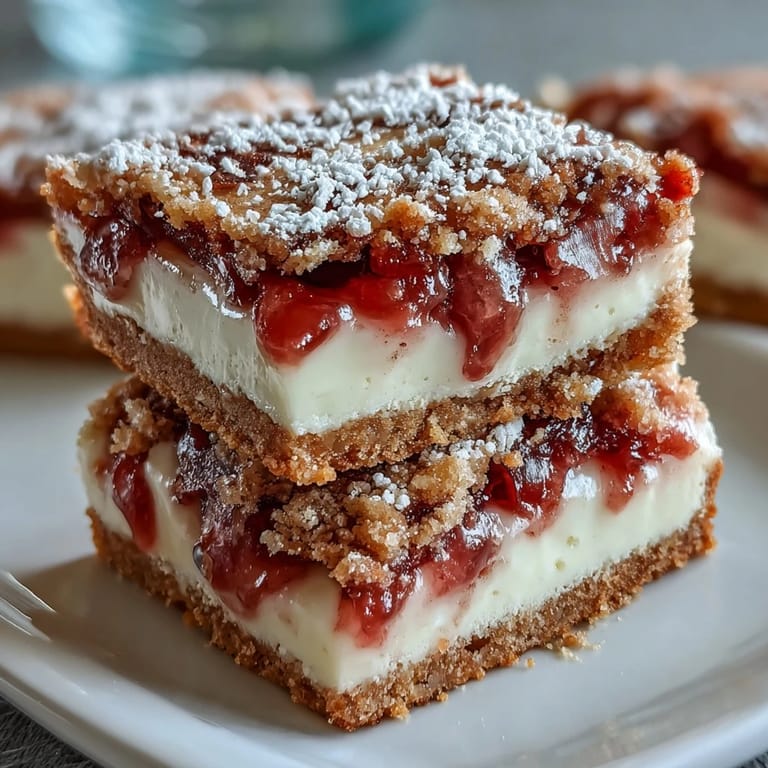 Close-up of Rhubarb Custard Bars, showcasing creamy filling and tender crust.