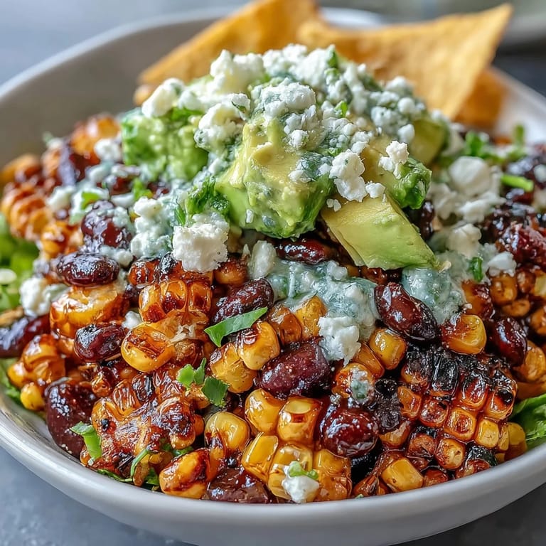 Fresh grilled corn and black bean taco salad, a satisfying vegetarian main dish with avocado.