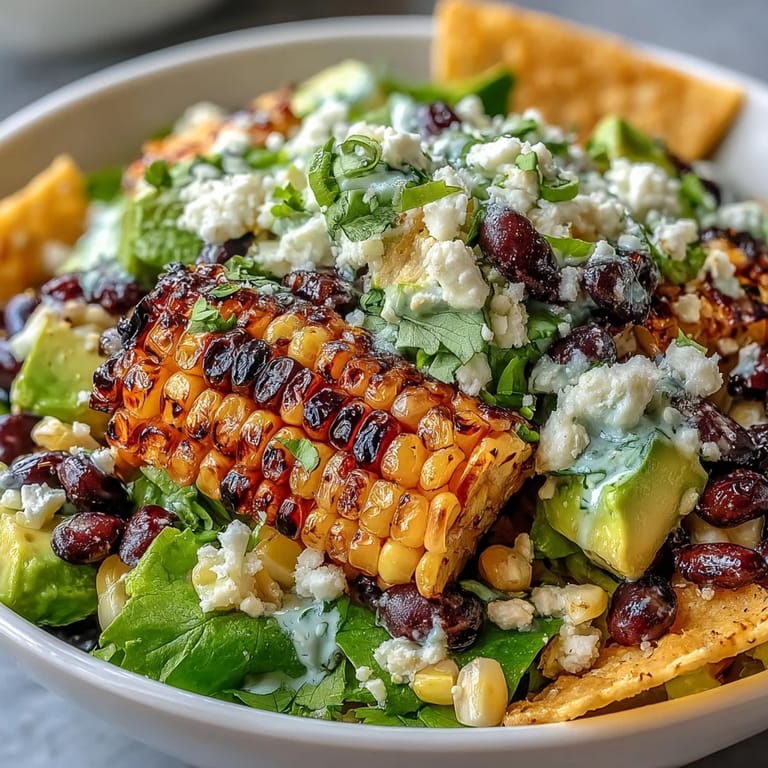 Taste summer with this easy grilled corn and black bean taco salad topped with crunchy chips.