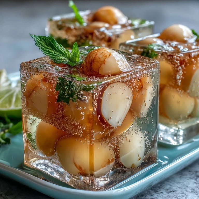 Chilled lychee agar jelly cubes elegantly presented with fresh mint, perfect dessert.