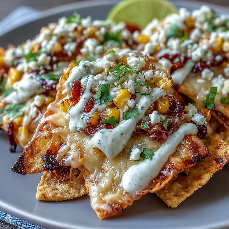 Crispy Elote Nachos piled high with corn, cheese, and smoky chipotle crema.