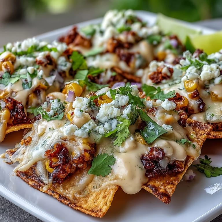 Festive Elote Nachos, a colorful and zesty appetizer for any celebration.