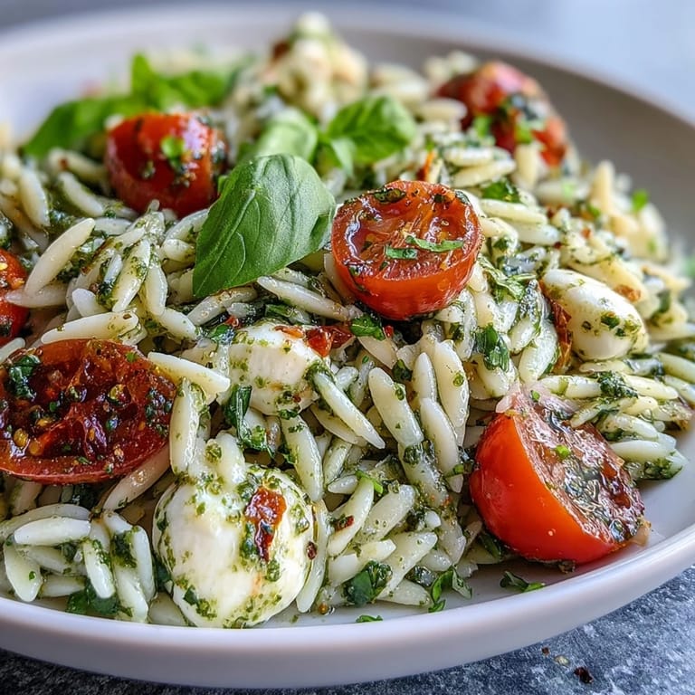Freshly tossed Cold Pesto Orzo Salad, bursting with Italian flavors, perfect for lunch.