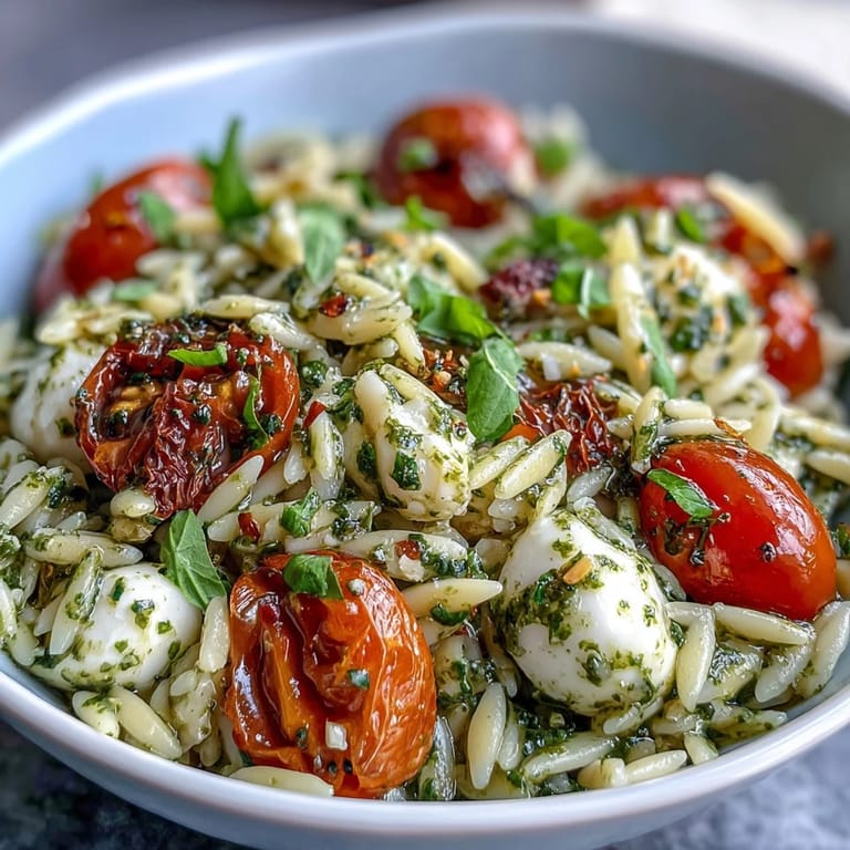 Delectable Cold Pesto Orzo Salad, showcasing creamy mozzarella and bright green pesto.