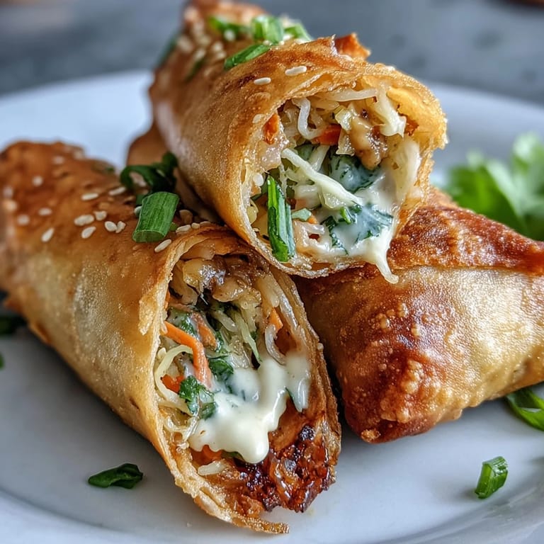 Beautifully fried crispy spring rolls with a side of rich, flavorful peanut sauce.