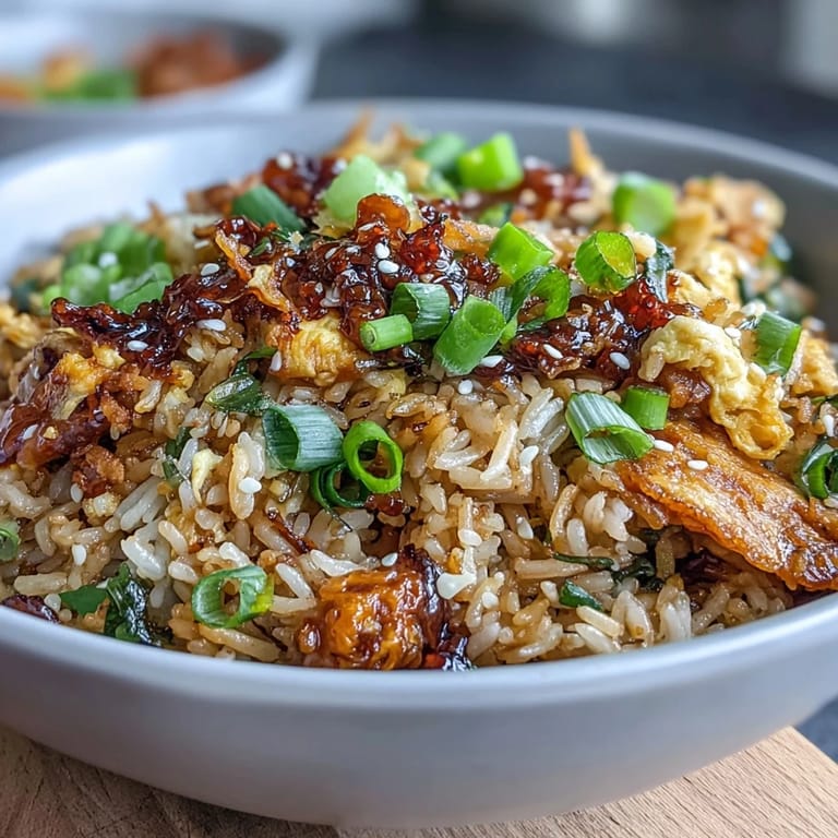 Vibrant Chili Crisp Egg Fried Rice, perfect with extra chili crisp and toasted sesame seeds.