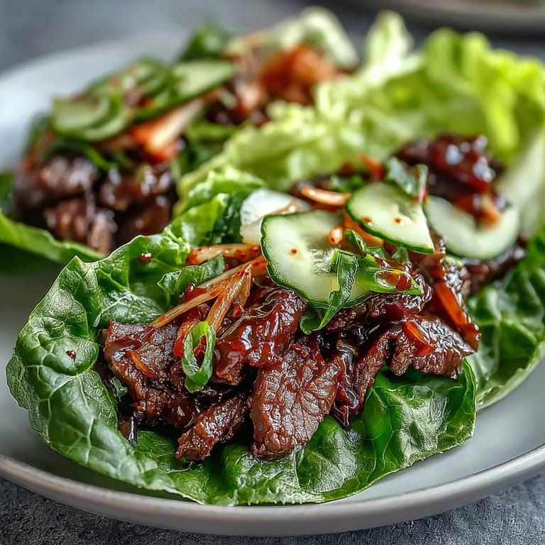 Tender, marinated Korean BBQ beef wrapped in crisp lettuce, topped with kimchi.