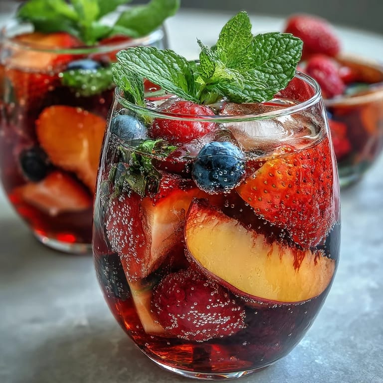 Luscious Summer Sangria Mocktail overflowing with fruit, perfect for sunny outdoor gatherings.