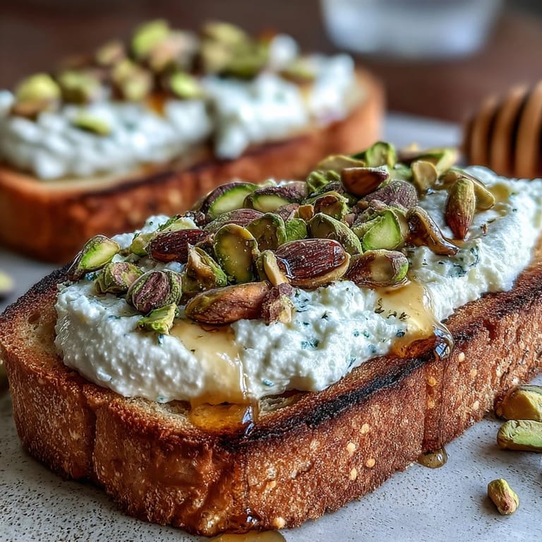 Artisanal whipped ricotta toast, a delightful breakfast with sweet honey and nuts.