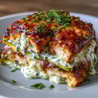 Golden-brown layers of High Protein Chicken Zucchini Bake with gooey melted mozzarella and Parmesan, served warm from the oven.