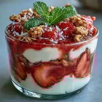 Clear glass jars display a layered Guava-Flavored Yogurt Parfait with creamy yogurt, pink guava jam, sliced strawberries, and crunchy granola. 