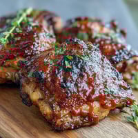Glazed Guava BBQ Sauce Chicken thighs roasted to juicy perfection, skin crispy and caramelized with tropical barbecue glaze on a rustic platter