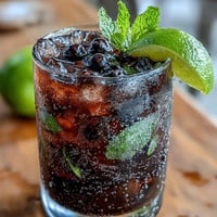 Garnished Black Currant Mojito cocktail with a mint sprig and lime wheel, served over crushed ice in a glass for a refreshing summer sip.