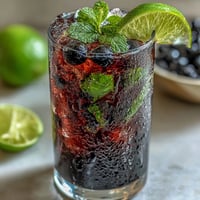 Freshly muddled mint and lime wedges sit beside a pour of homemade blackcurrant syrup for a Tangy Blackcurrant Mojito.