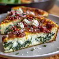 Fluffy spinach and feta frittata with sun-dried tomatoes, golden and savory, baked to perfection for a satisfying brunch.