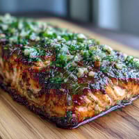 Cedar Plank Salmon with Garlic Dill, smoky and fragrant, grilled to perfection on aromatic cedar with fresh herbs and lemon.