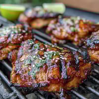 Honey Sriracha Grilled Chicken Thighs sizzling on the grill with a glossy, caramelized glaze and vibrant cilantro garnish.