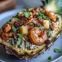 Vibrant pineapple fried rice, bursting with flavor and colorful vegetables, served in its own pineapple boat.