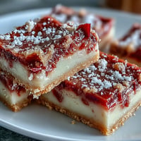 Golden Rhubarb Custard Bars with shortbread crust, layered with sweet-tart fruit.