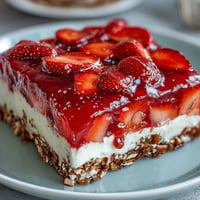 Vibrant Memorial Day Strawberry Pretzel Salad Dessert with creamy topping and fresh fruit.