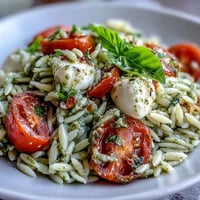 Vibrant Cold Pesto Orzo Salad with cherry tomatoes and mozzarella, ready for summer picnics.