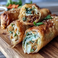 Golden crispy spring rolls glistening next to creamy peanut dipping sauce.