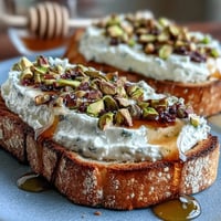 Creamy whipped ricotta toast with honey and pistachios offering sweet and nutty crunch.